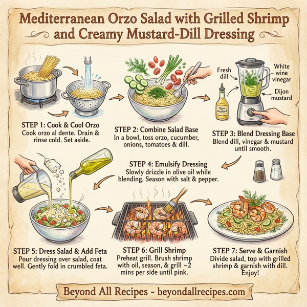 Mediterranean Orzo Salad with Grilled Shrimp and Creamy Mustard-Dill Dressing instructions