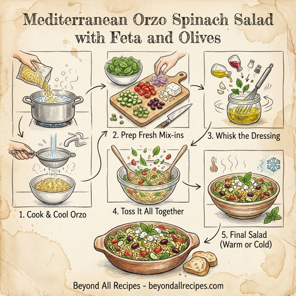 Mediterranean Orzo Spinach Salad with Feta and Olives instructions