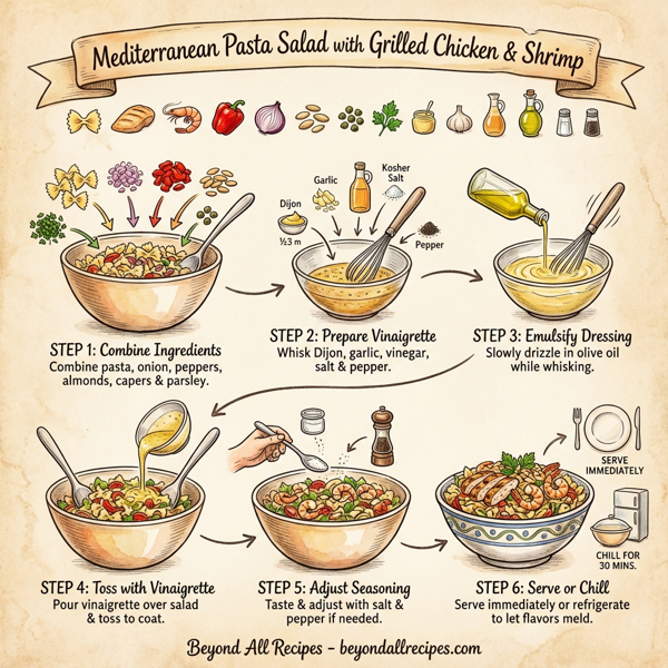 Mediterranean Pasta Salad with Grilled Chicken and Shrimp instructions