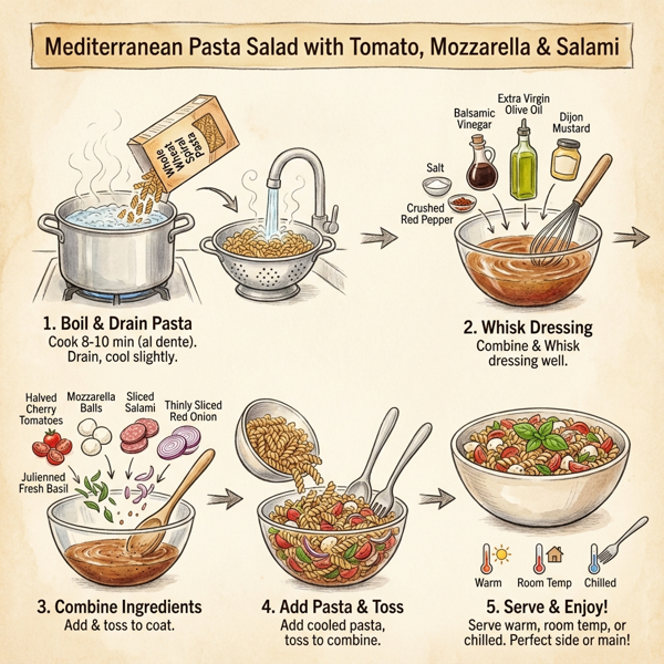 Mediterranean Pasta Salad with Tomato, Mozzarella & Salami instructions
