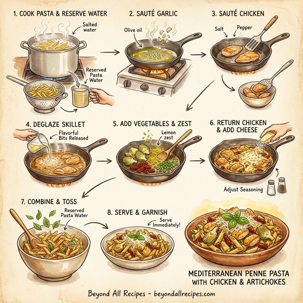 Mediterranean Penne Pasta with Chicken and Artichokes instructions