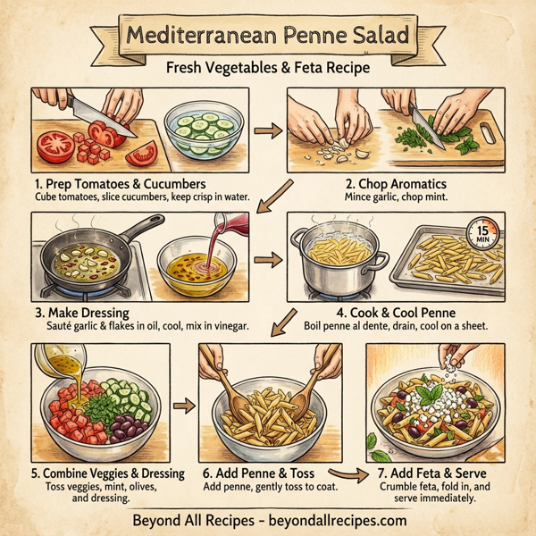 Mediterranean Penne Salad with Fresh Vegetables and Feta instructions