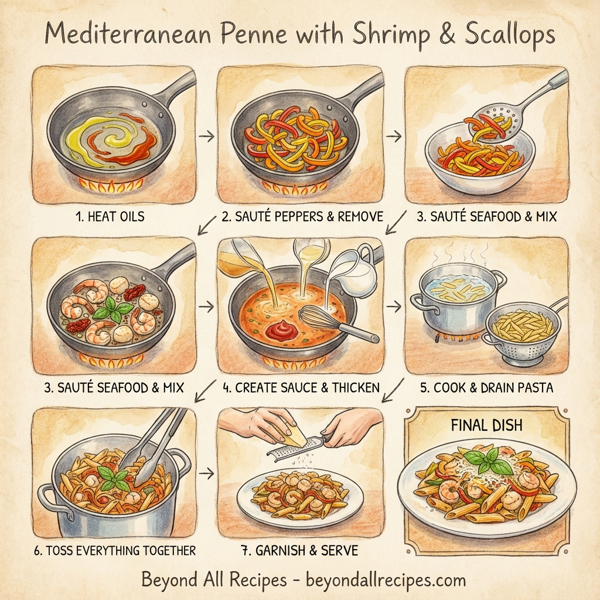 Mediterranean Penne with Succulent Shrimp, Scallops, and Colorful Bell Peppers instructions