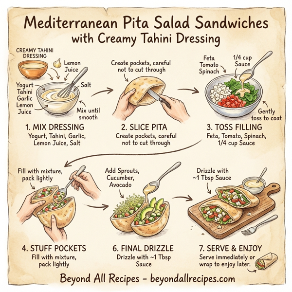 Mediterranean Pita Salad Sandwiches with Creamy Tahini Dressing instructions