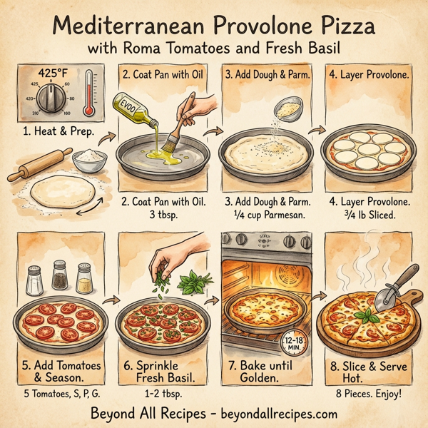 Mediterranean Provolone Pizza with Roma Tomatoes and Fresh Basil instructions