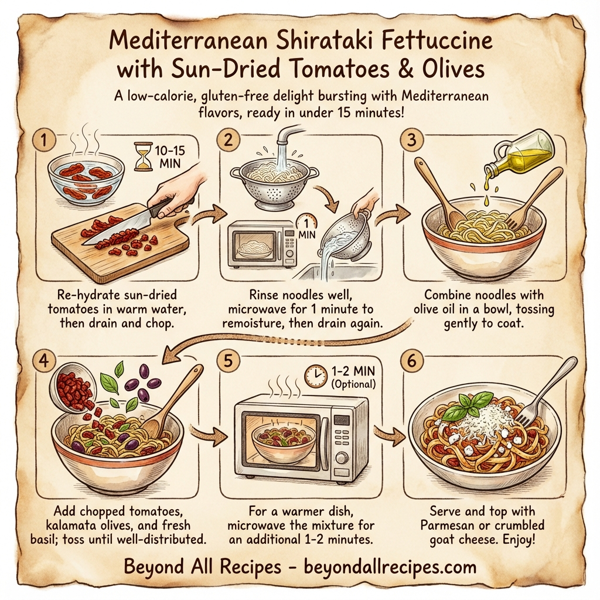 Mediterranean Shirataki Fettuccine with Sun-Dried Tomatoes and Olives instructions