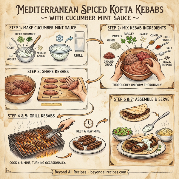 Mediterranean Spiced Kofta Kebabs with Refreshing Cucumber Mint Sauce instructions