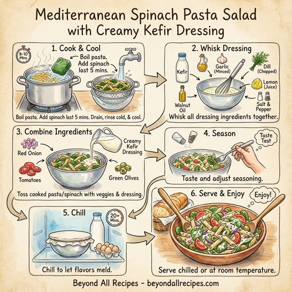 Mediterranean Spinach Pasta Salad with Creamy Kefir Dressing instructions