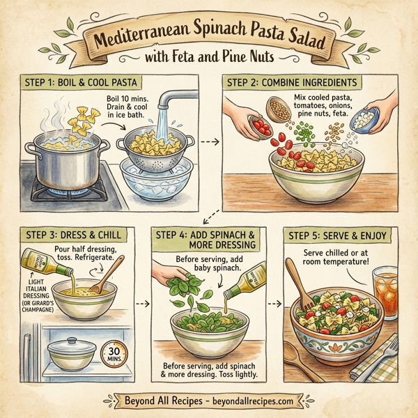 Mediterranean Spinach Pasta Salad with Feta and Pine Nuts instructions