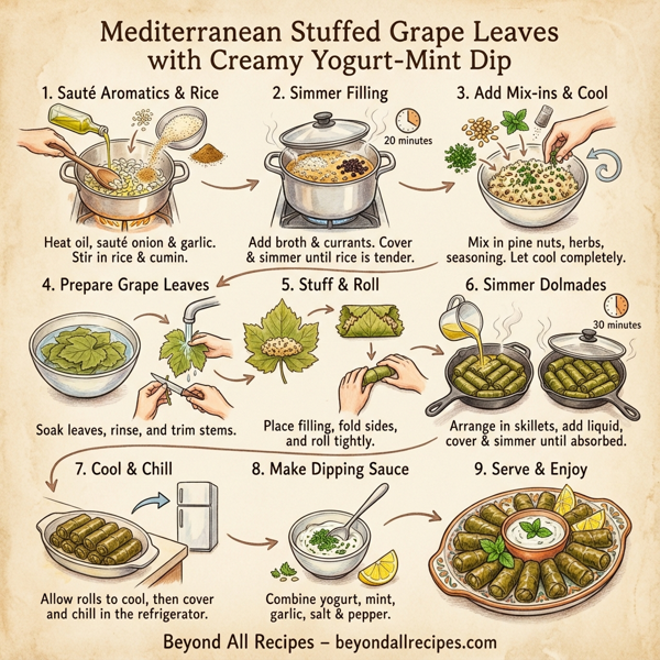 Mediterranean Stuffed Grape Leaves with Creamy Yogurt-Mint Dip instructions