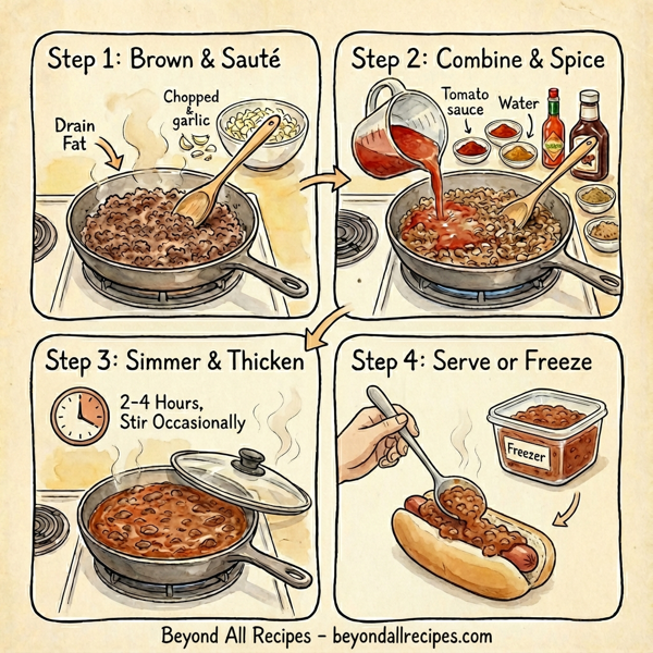 Mee Mee's Ultimate Hot Dog Chili Sauce instructions