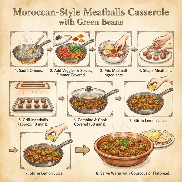 Moroccan-Style Meatballs Casserole with Green Beans instructions