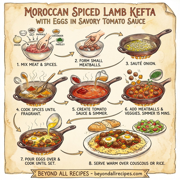 Moroccan Spiced Lamb Kefta with Eggs in Savory Tomato Sauce instructions