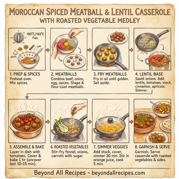 Moroccan Spiced Meatball and Lentil Casserole with Roasted Vegetable Medley instructions