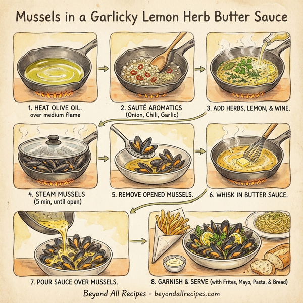 Mussels in a Garlicky Lemon Herb Butter Sauce instructions