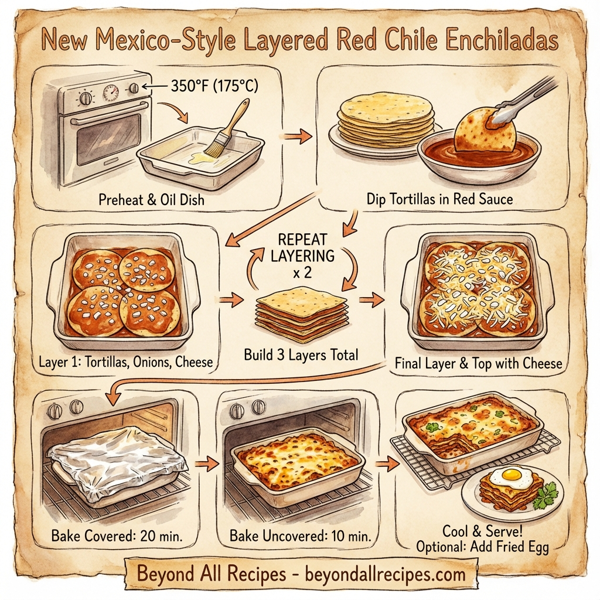 New Mexico-Style Layered Red Chile Enchiladas instructions