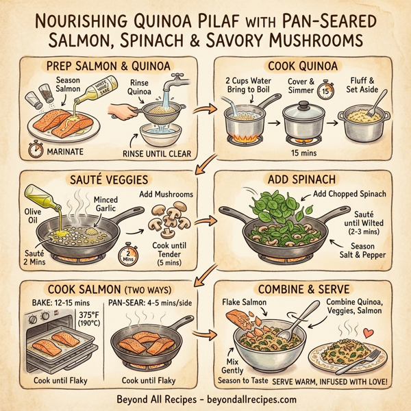 Nourishing Quinoa Pilaf with Pan-Seared Salmon, Spinach & Savory Mushrooms instructions