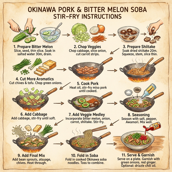 Okinawa Pork & Bitter Melon Soba Stir-Fry instructions