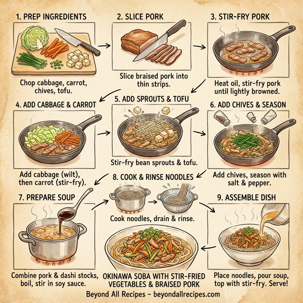 Okinawa Soba with Savory Stir-Fried Vegetables and Braised Pork instructions