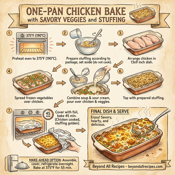 One-Pan Chicken Bake with Savory Veggies and Stuffing instructions