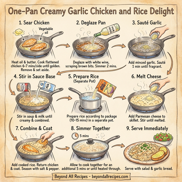 One-Pan Creamy Garlic Chicken and Rice Delight instructions