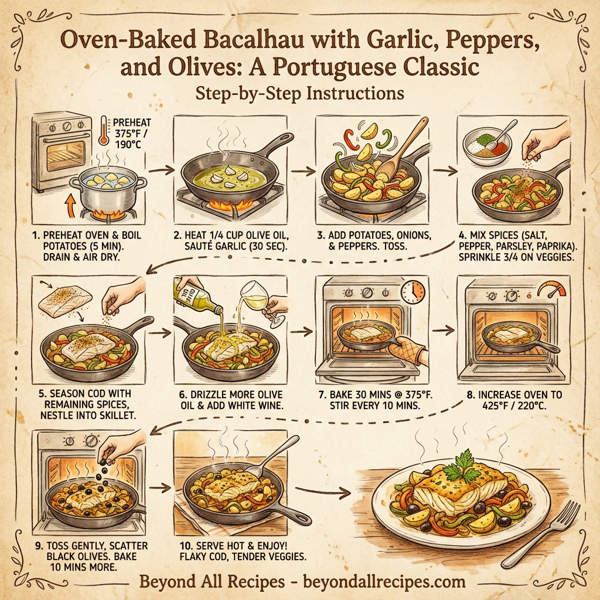 Oven-Baked Bacalhau with Garlic, Peppers, and Olives instructions