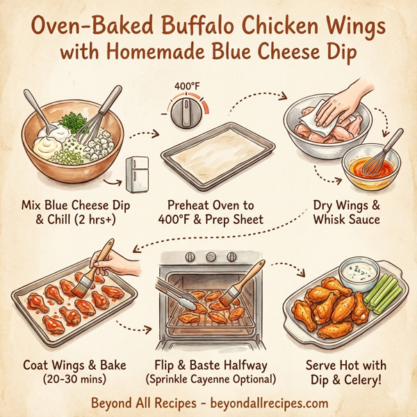 Oven-Baked Buffalo Chicken Wings with Homemade Blue Cheese Dip instructions