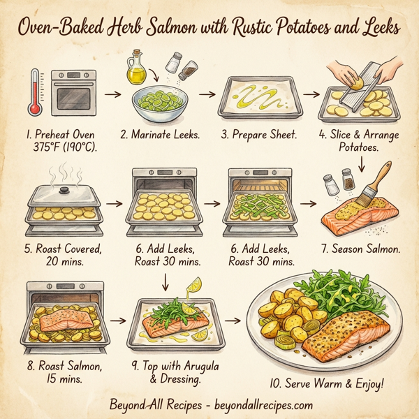 Oven-Baked Herb Salmon with Rustic Potatoes and Leeks instructions