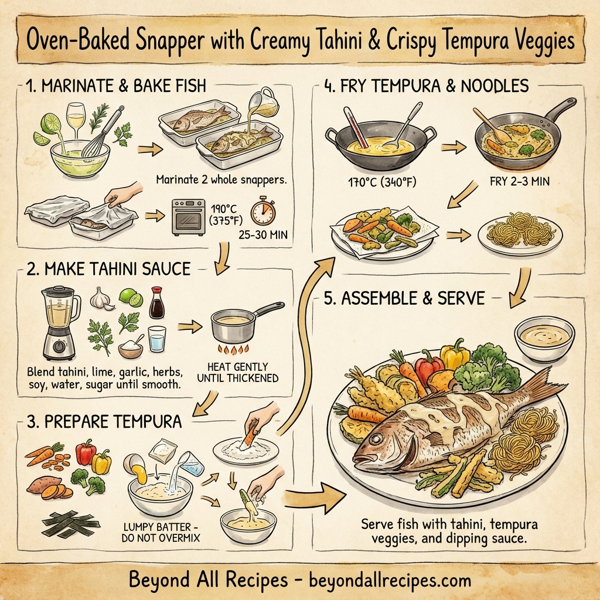 Oven-Baked Snapper with Creamy Tahini and Crispy Tempura Veggies instructions