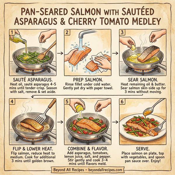 Pan-Seared Salmon with Sautéed Asparagus and Cherry Tomato Medley instructions