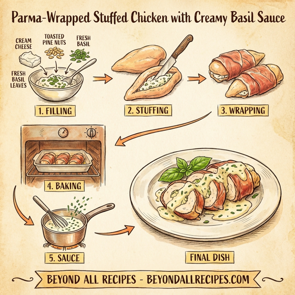 Parma-Wrapped Stuffed Chicken with Creamy Basil Sauce instructions