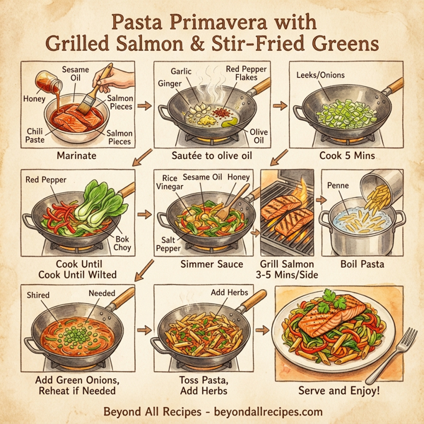 Pasta Primavera with Grilled Salmon & Stir-Fried Greens instructions