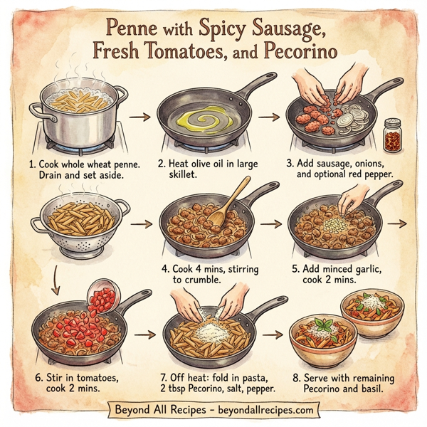 Penne with Spicy Sausage, Fresh Tomatoes, and Pecorino instructions