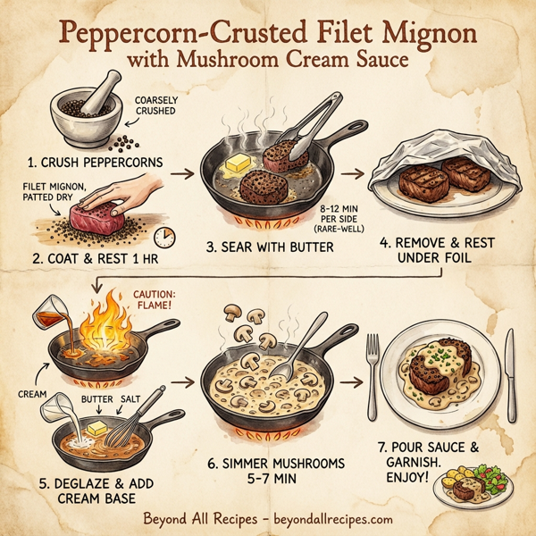 Peppercorn-Crusted Filet Mignon with Mushroom Cream Sauce instructions