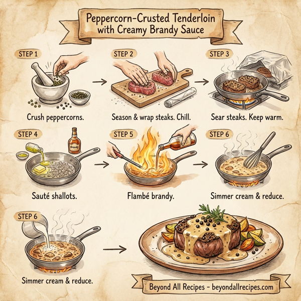 Peppercorn-Crusted Tenderloin with Creamy Brandy Sauce instructions