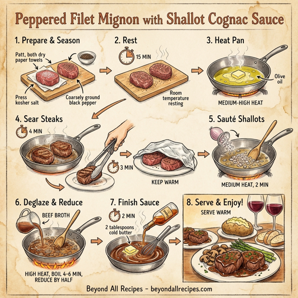 Peppered Filet Mignon with Shallot Cognac Sauce instructions