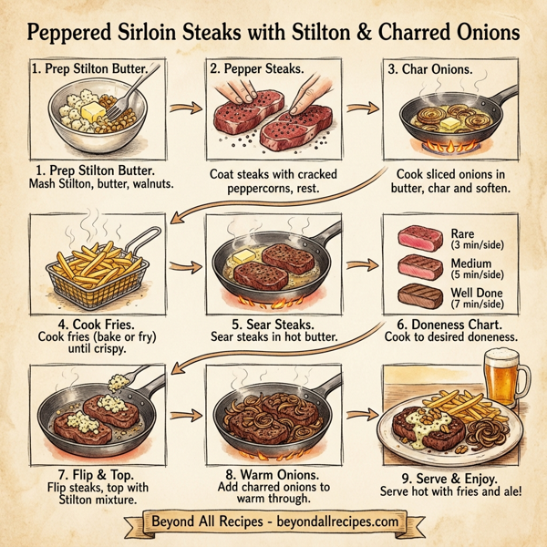 Peppered Sirloin Steaks with Stilton and Charred Onions instructions