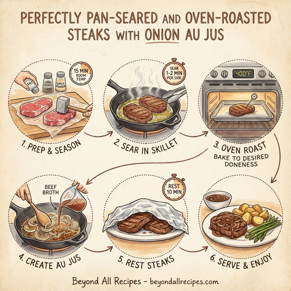 Perfectly Pan-Seared and Oven-Roasted Steaks with Onion Au Jus instructions