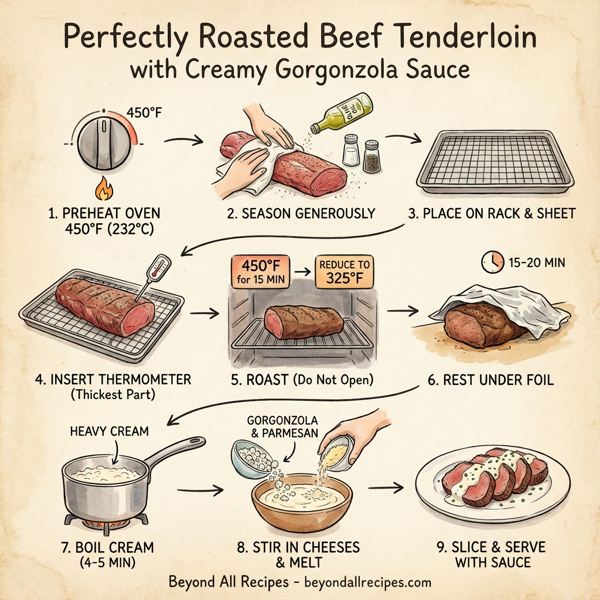 Perfectly Roasted Beef Tenderloin with Creamy Gorgonzola Sauce instructions