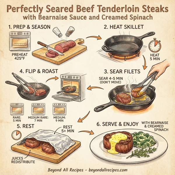 Perfectly Seared Beef Tenderloin Steaks with Bearnaise Sauce and Creamed Spinach instructions