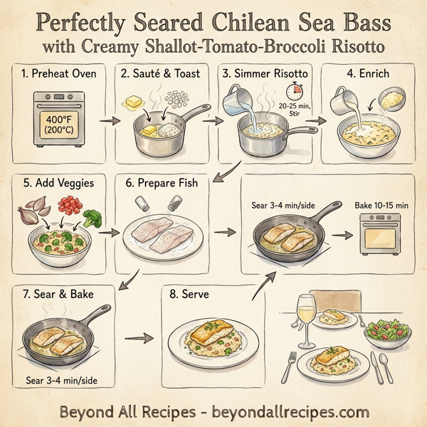 Perfectly Seared Chilean Sea Bass with Creamy Shallot-Tomato-Broccoli Risotto instructions