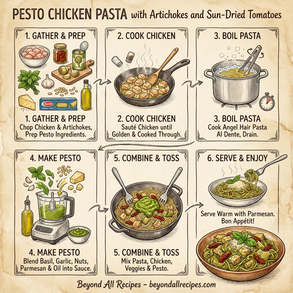 Pesto Chicken Pasta with Artichokes and Sun-Dried Tomatoes instructions
