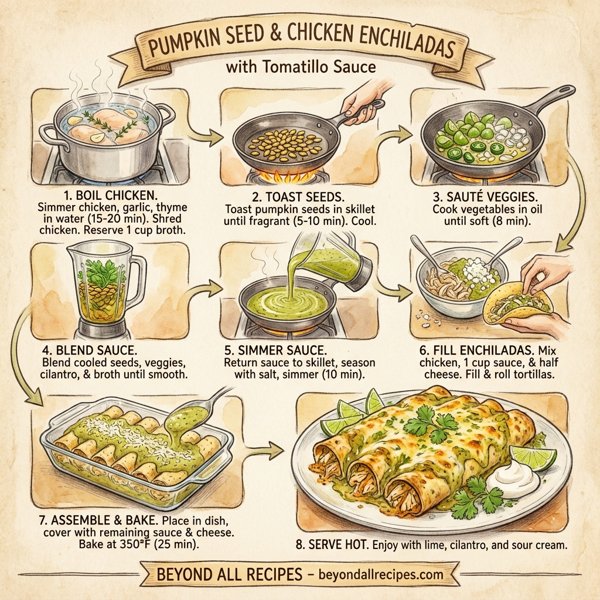 Pumpkin Seed and Chicken Enchiladas with Tomatillo Sauce instructions