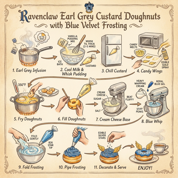 Ravenclaw Earl Grey Custard Doughnuts with Blue Velvet Frosting instructions