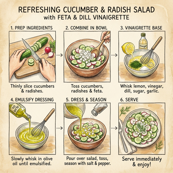 Refreshing Cucumber and Radish Salad with Feta and Dill Vinaigrette instructions