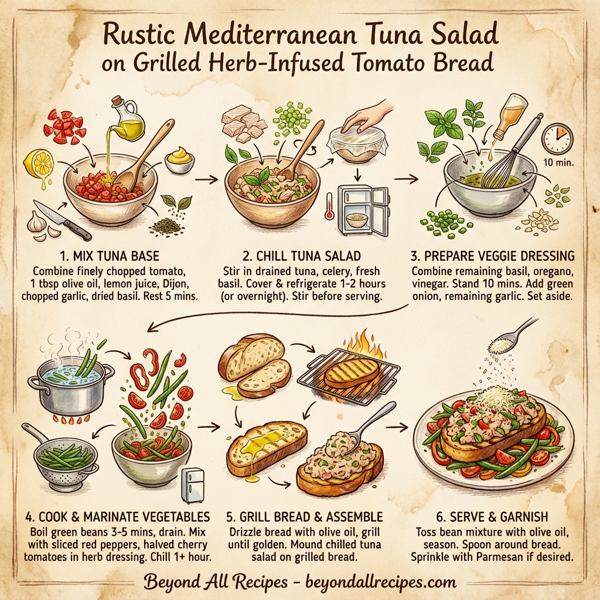 Rustic Mediterranean Tuna Salad on Grilled Herb-Infused Tomato Bread instructions