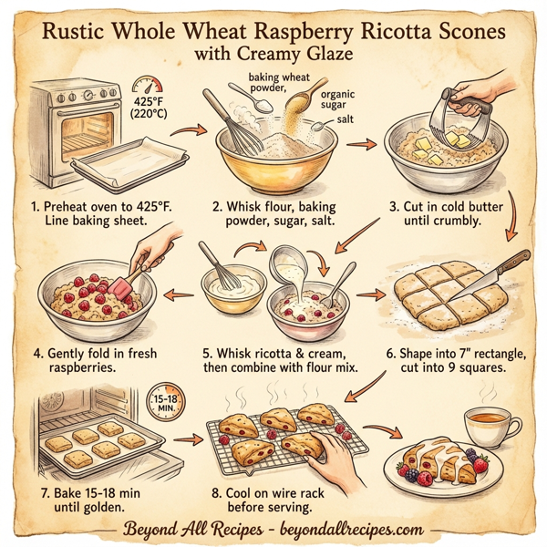 Rustic Whole Wheat Raspberry Ricotta Scones with Creamy Glaze instructions