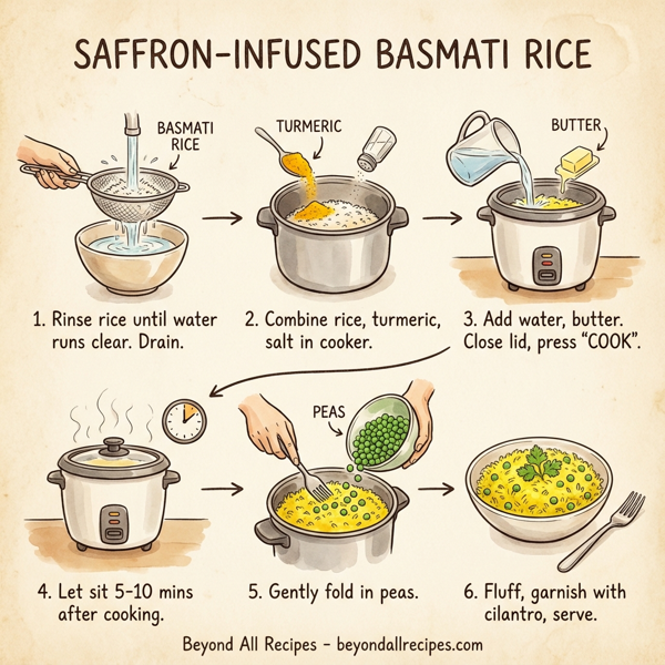 Saffron-Infused Basmati Rice with Vibrant Green Peas instructions