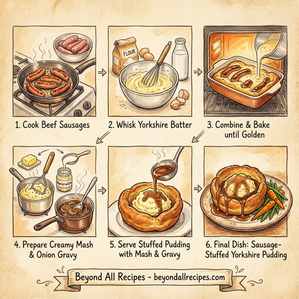 Sausage-Stuffed Yorkshire Pudding with Creamy Mash & Onion Gravy instructions
