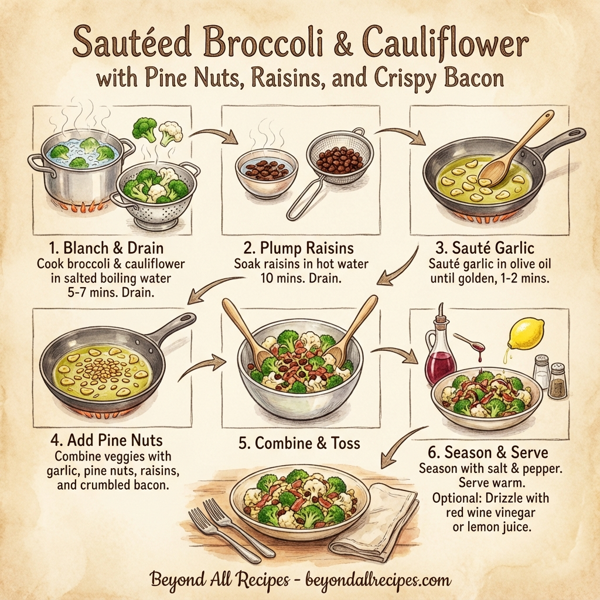 Sautéed Broccoli and Cauliflower with Pine Nuts, Raisins, and Crispy Bacon instructions